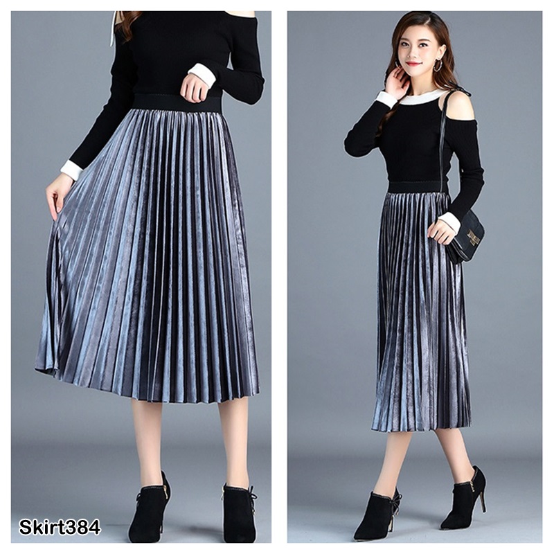 Skirt384 กระโปรงยาวผ้ากำมะหยี่สีบรอนซ์เทา เอวยางยืด ผ้าเนื้อดีหนามีน้ำหนักทิ้งตัว งานดีทรงสวย แมทช์กับเสื้อทรงไหนก็เข้า ใส่เที่ยว/ใส่ทำงานได้