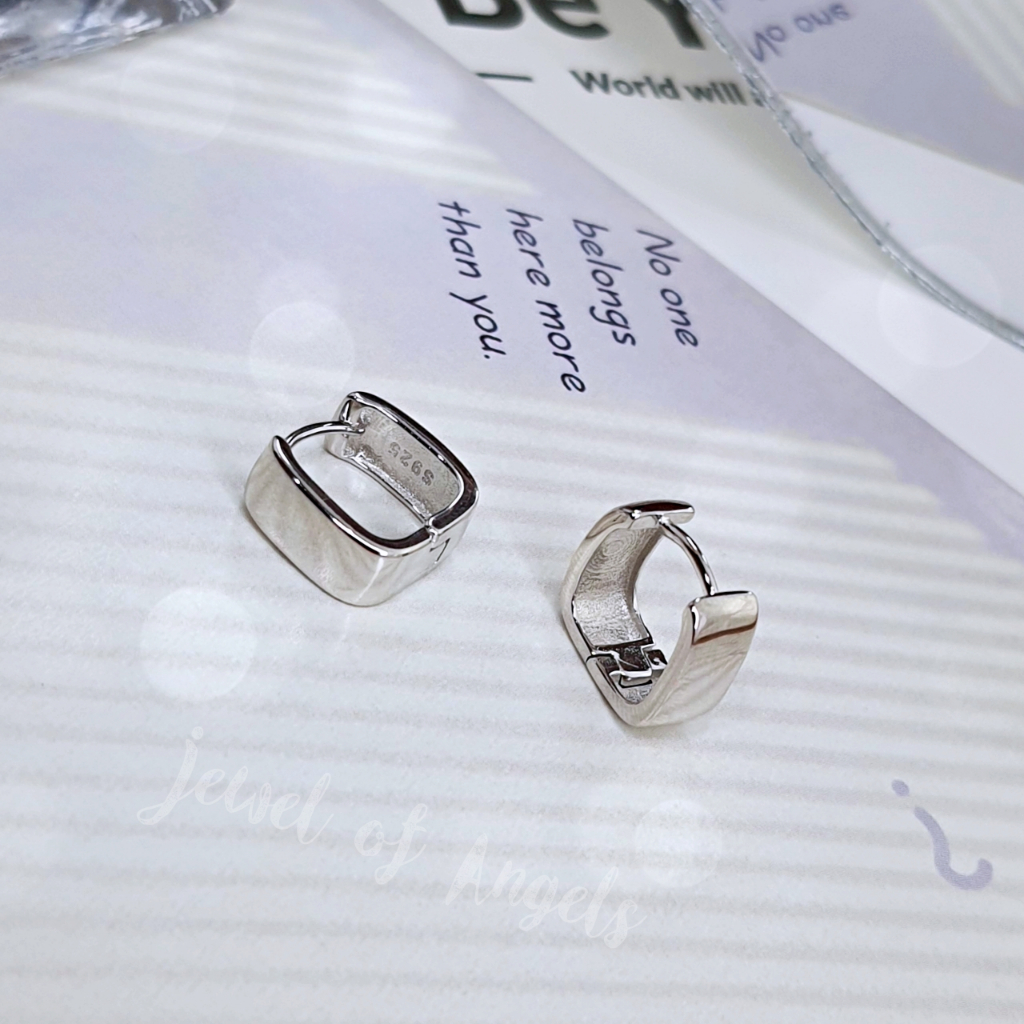 ต่างหูเงินแท้ S925 รุ่น Smooth ต่างหูห่วง4เหลี่ยมหนา สูง10.8mm เงินแท้ทั้งชิ้น Silver925 ต่างหูผู้ชาย