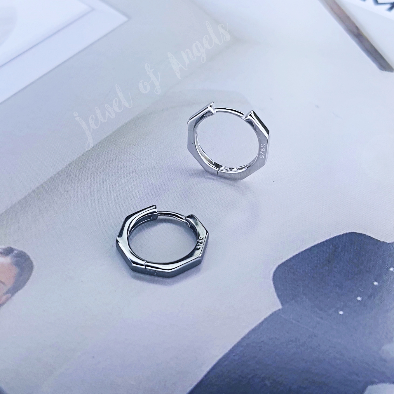ต่างหูห่วงเงินแท้ S925 รุ่น Octagon ห่วงแปดเหลี่ยม สีเงิน สีดำ มินิมอล Silver925