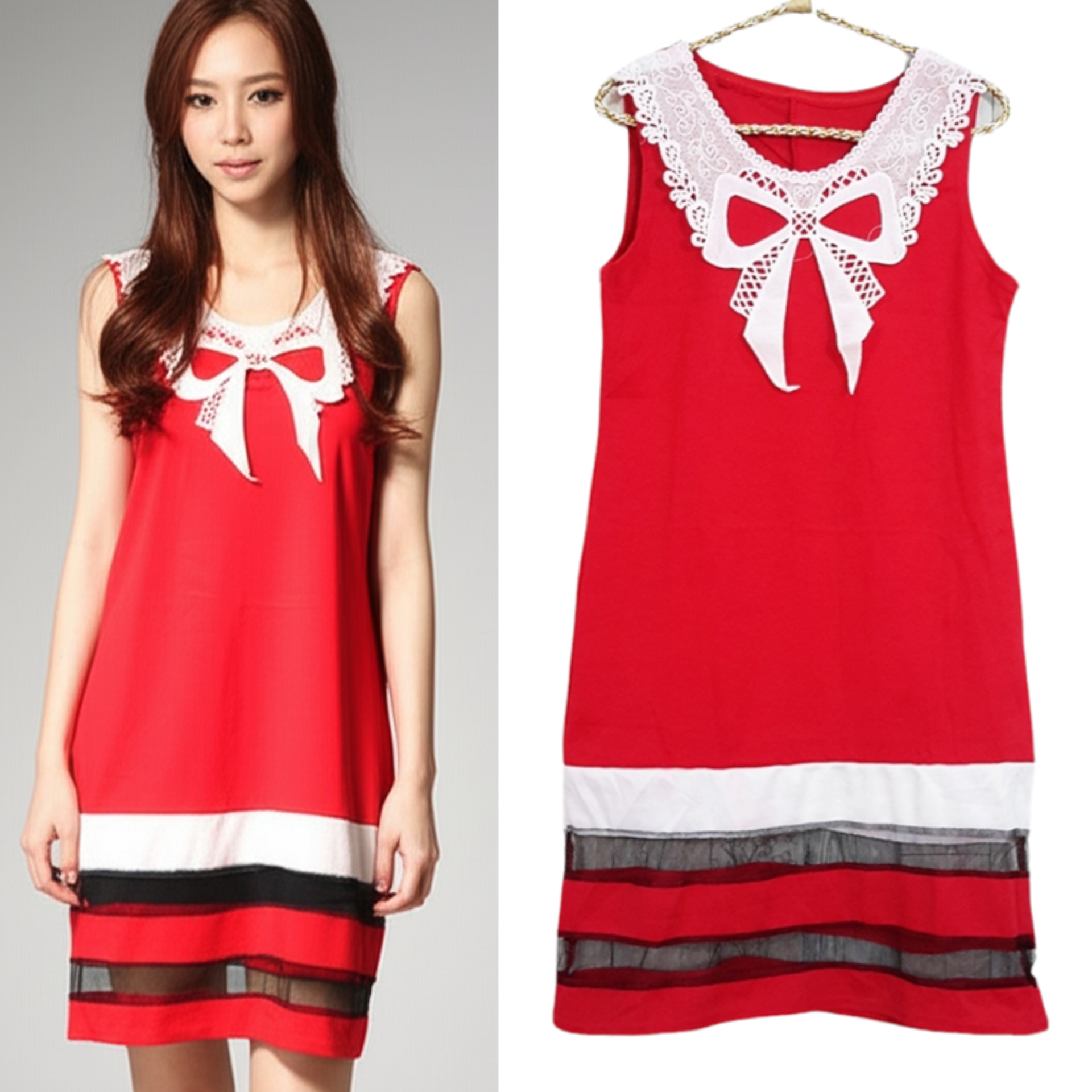 Dress3165 ชุดเดรสแฟชั่นน่ารักผ้าแมงโก้เนื้อดี คอลูกไม้ถักรูปโบว์สีขาวครีม ตัดต่อชายด้วยผ้าโปร่งสีดำ พร้อมส่ง 2 สี แดง, เลือดหมู