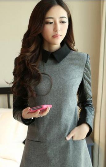ชุดเดรส ใส่เที่ยว ใส่ทำงาน เดรสผ้าขนสัตว์ ผสม หนัง pu ดีไซน์ หรู ดูคุณหนู สุด ๆ เดรสแขนยาว แบบมีดีไซน์ สีเทา 38156
