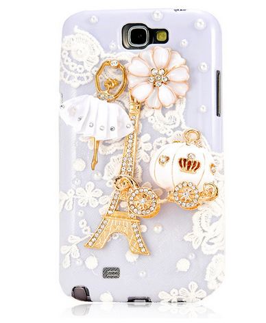 เคสโทรศัพท์ เคส Samsung Galaxy Note 2 N7100 เคส Diy ติดคริสตัล นักบัลเล่ย์ รถฟักทอง สีขาว สุดสวย หอไอเฟล และ ดอกไม้ 981629