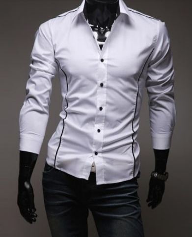 เสื้อเชิ้ตผู้ชาย แขนยาว เสื้อเชิ้ต ใส่ทำงาน ใส่เที่ยว สีขาว แบบ สลิมฟิต สำหรับผู้ชายหุ่นดี แต่งเส้นขอบ เสื้อคอปก แบบเท่ ๆ 206200