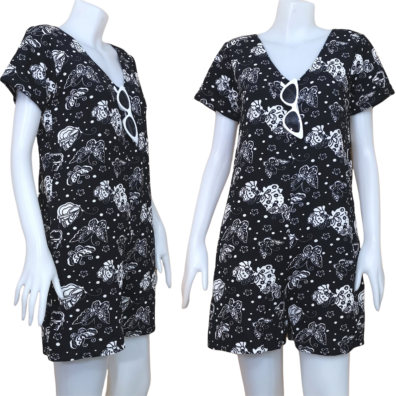 Jumpsuit622 จัมพ์สูทคอวีขาสั้นไซส์ใหญ่ลายผีเสื้อ มีซิปหลังใส่ง่าย ผ้าวูลเวฟ(ผ้าหนังไก่)เนื้อดีทิ้งตัวยืดหยุ่นสูงใส่สบาย