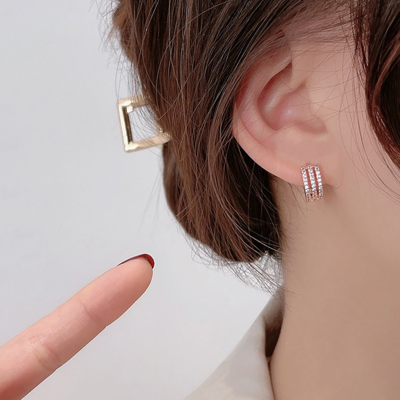 ต่างหูเงินแท้ S925 รุ่น Tiara ห่วงเพชรCZ 3แถว สูง 11.5mm เงินแท้ทั้งชิ้น Silver925 ตุ้มหูเงินแฟชั่น