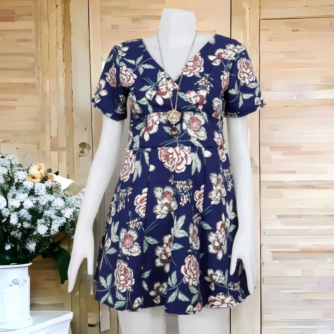 Dress3102-ลายดอกโทนฟ้าน้ำเงิน