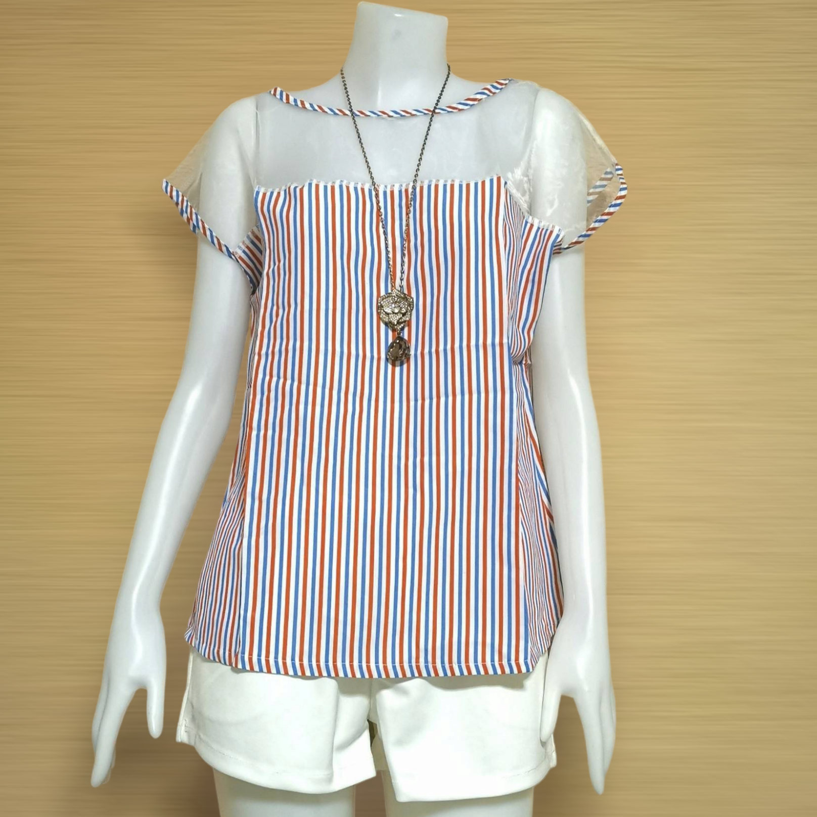 Blouse2158 เสื้อแฟชั่นไซส์ใหญ่ (รอบอก 44 นิ้ว) แขนในตัว อกซีทรู ผ้าชีฟองลายทางโทนสีขาวฟ้าแดง