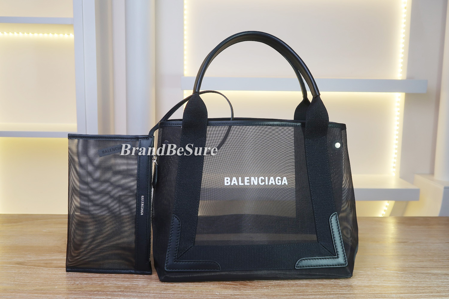 Balenciaga Black Mesh/Calfskin Logo Cabas S Tote Bag