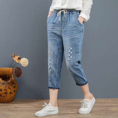 กางเกงยีนส์ ยีนส์สไตล์วินเทจ ปักลายด้าย