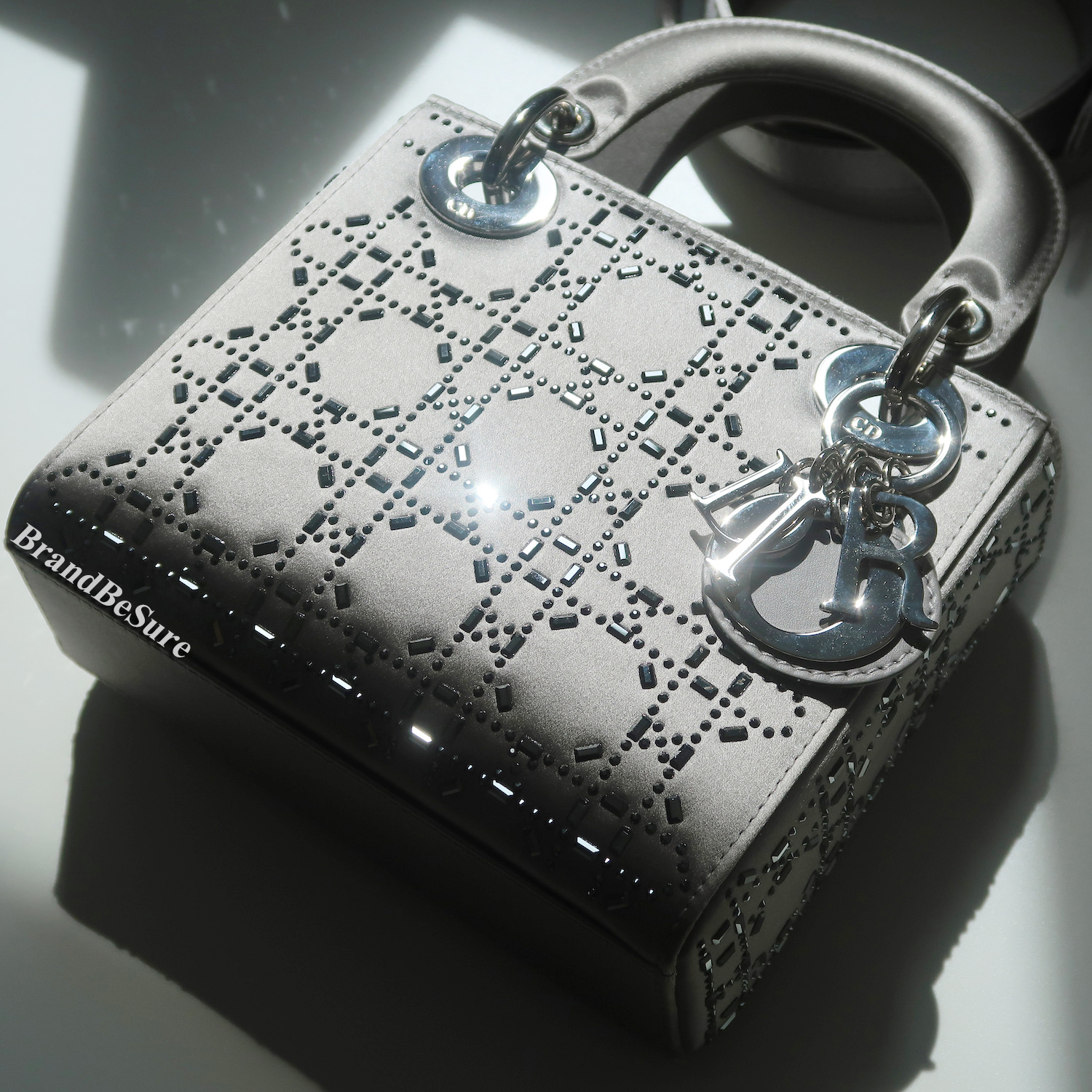 Christian Dior Grey Strass Cannage Satin Mini Lady Dior SHW