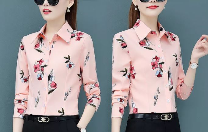 เสื้อเชิ้ตผู้หญิง เสื้อเชิ้ต แฟชั่น ผ้าลื่น ใส่สบาย ลาย ปริ้นดอกไม้ สีโอรส สวยหวาน เสื้อเชิ้ตใส่ทำงาน 634933