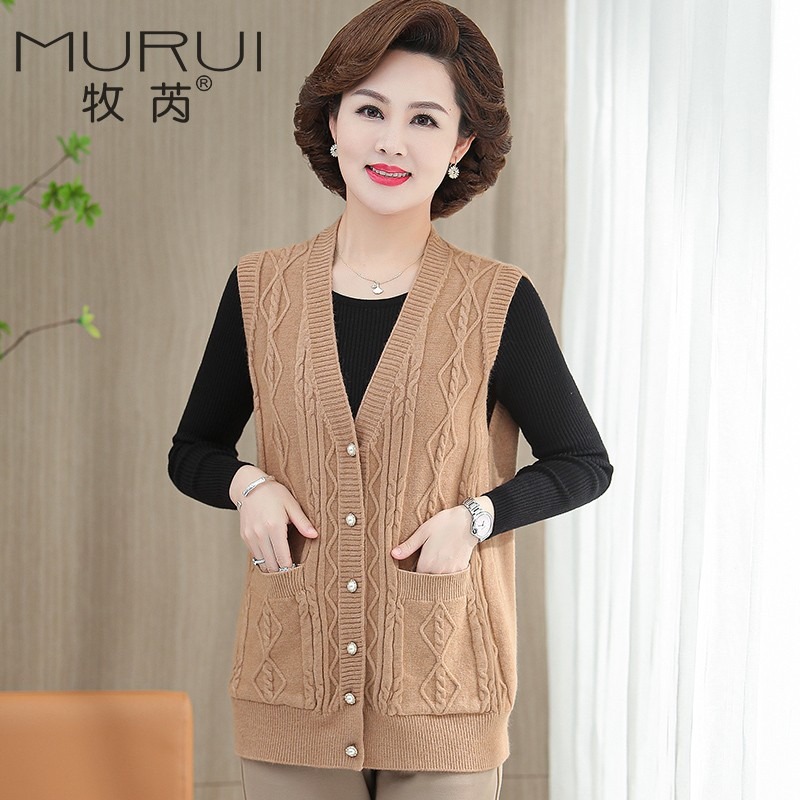 เสื้อสเวตเตอร์หญิงวัยกลางคนและผู้สูงอายุ, แม่ 50-60 ปี, เสื้อกั๊กฤดูใบไม้ร่วง, คาร์ดิแกนถักนิตติ้งขนาดใหญ่, สวมใส่ด้านนอก