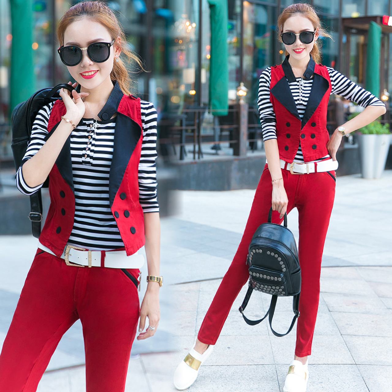 Set_bt1661 ชุดเซ็ท 4 ชิ้น(เสื้อตัวใน+เสื้อตัวนอก+กางเกง+เข็มขัด) เสื้อกั๊กคอปกกระดุมหน้า+เสื้อแขนยาวตัวในลายริ้วสีขาวดำ+กางเกงขายาวผ้ายีนส์สกินนี่เนื้อดีหนาสวยยืดขยายได้เยอะ งานเซ็ทสุดคุ้ม ดีเทลดีงาม ได้ลุคเท่ๆ เก๋ๆ ไม่ซ้ำใคร