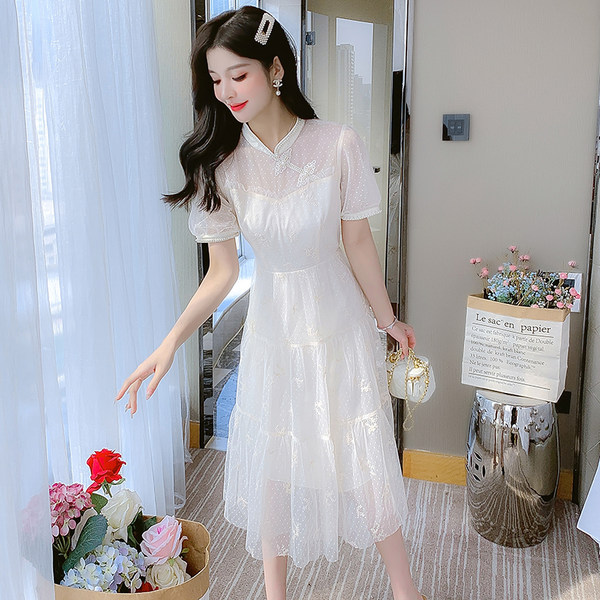 เดรสลูกไม้ เดรสชีฟองสวยๆ แขนสั้น By Meiyi women's clothing