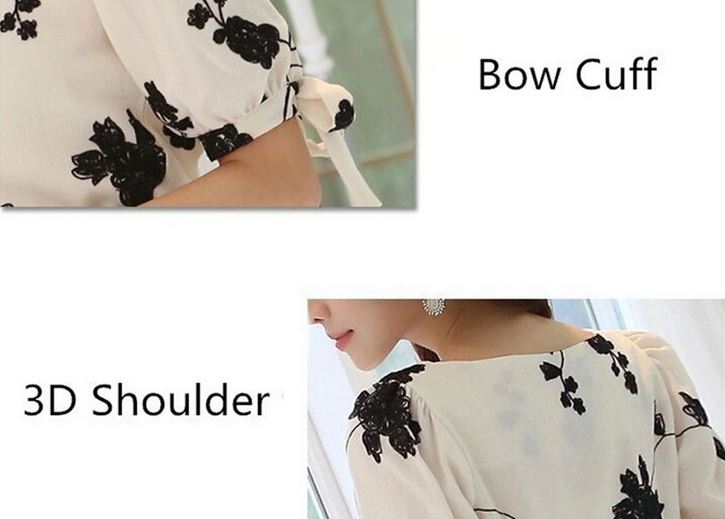 เสื้อแฟชั่น เสื้อผู้หญิง สีขาว ผ้าซีฟอง เสื้อซีฟอง แขนสามส่วน แต่งโบว์ที่แขน ดีไซน์ คอกว้าง ปักลายดอกไม้ สีดำ เสื้อใส่ทำงาน มีดีไซน์ 470508