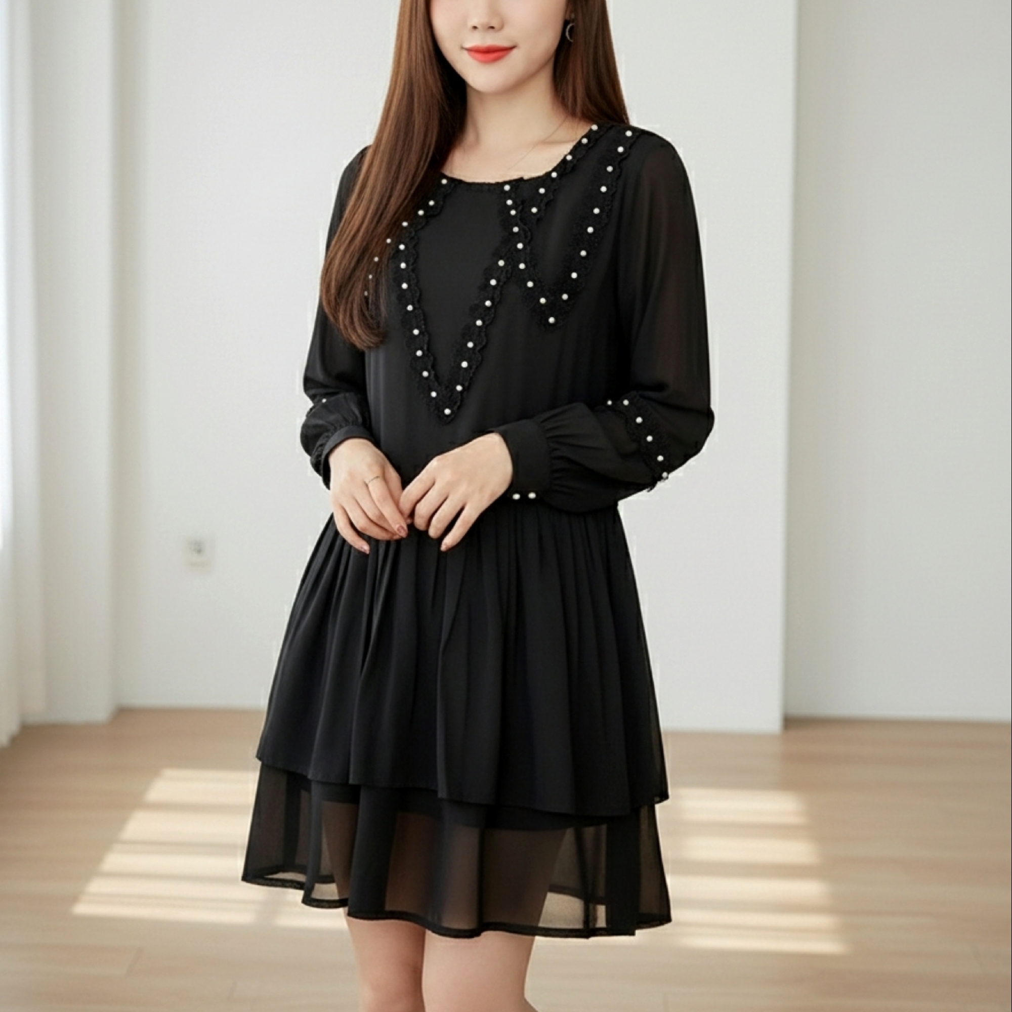 Dress4174 เดรสแขนยาวสีดำชายระบาย อกแต่งด้วยมุกและลูกไม้ มีซับในอย่างดี ผ้าชีฟองเนื้อดีมีน้ำหนักทิ้งตัวสวย ผ้าสวยเหมือนราคาหลักพัน งานดีทรงดีดูสวยแพง