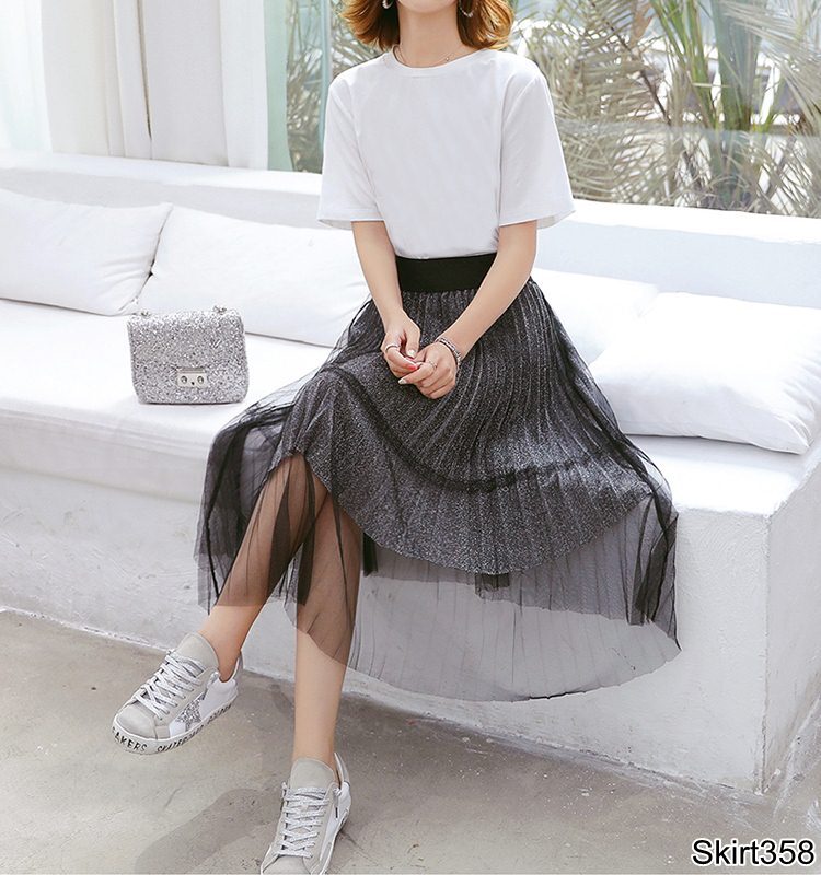 Skirt358 กระโปรงยาวไซส์ใหญ่เอวยืดผ้าวิ้งเนื้อนิ่มสีเทาคลุมทับด้วยผ้ามุ้งสีดำ ดีไซน์เก๋ๆ น่ารักดูมีดีเทลไม่ซ้ำใคร แมทช์กับเสื้อตัวไหนก็เริด