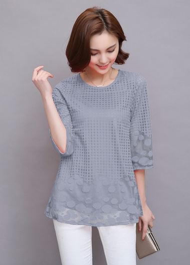 เสื้อผู้หญิง เสื้อแฟชั่น สีเทา แขนสามส่วน เสื้อสีเทา สำหรับผู้หญิง ดีไซน์ เก๋ วัยรุ่่น ใส่เที่ยว ผสม ดีไซน์ ผ้าลูกไม้ เก๋ ๆ ลายตาราง 501201_2