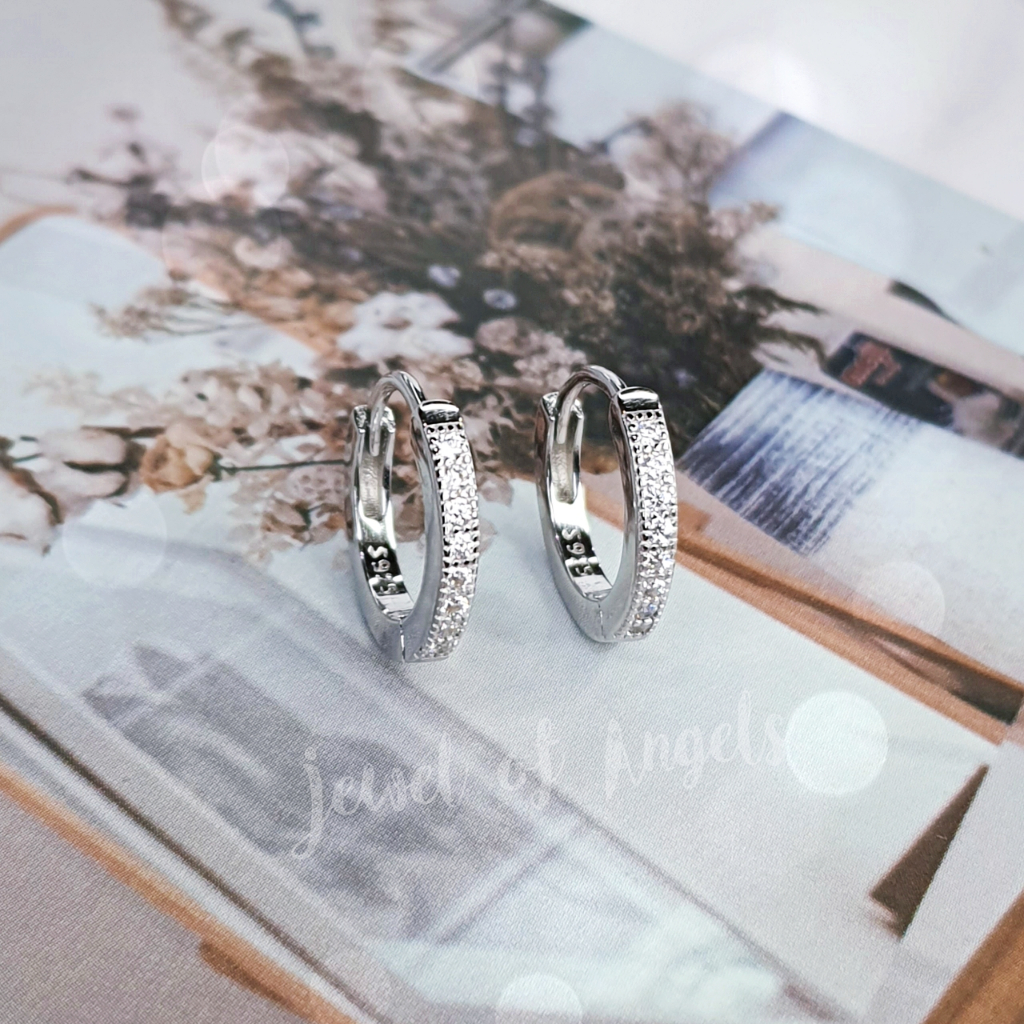 ต่างหูเงินแท้ S925 รุ่น Embrace ต่างหูห่วงฝังเพชรCZ สูง12.5mm เงินแท้ทั้งชิ้น Silver925 ต่างหูผู้ชาย ต่างหูผู