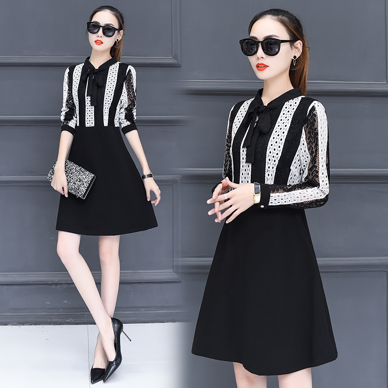 Dress4426 เดรสลูกไม้แขนยาวสลับสีครีมดำตัดต่อกระโปรงสีพื้นดำผูกโบว์คอ มีซับใน งานดีทรงดีดูสวยแพง ทรงนี้ใส่ทำงานได้