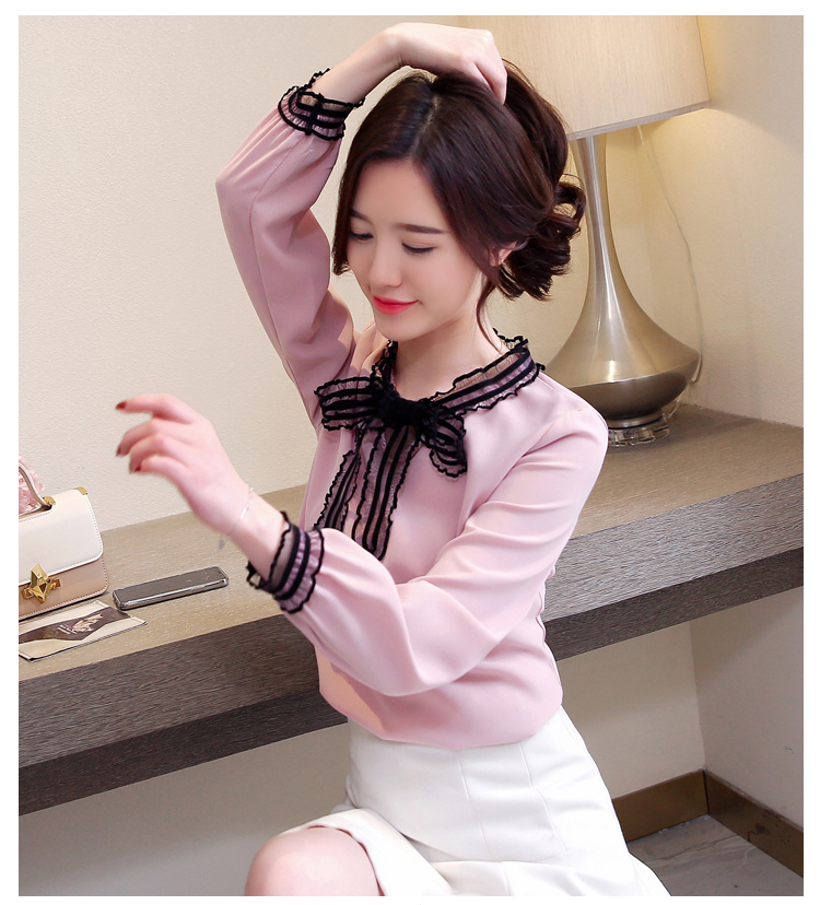 Blouse4049 เสื้อแขนยาวสีชมพู คอผูกโบว์ลูกไม้เพิ่มดีเทลความน่ารัก ผ้าโพลีเนื้อดีนุ่มหนามีน้ำหนักทิ้งตัว