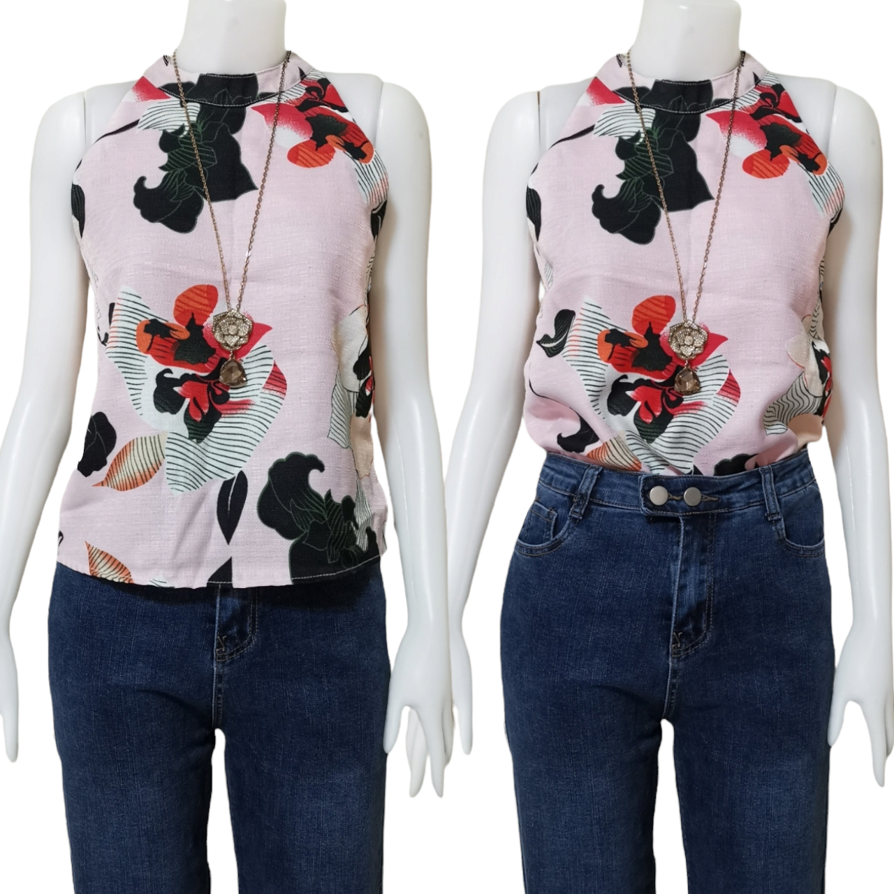 Blouse3460 เสื้อแฟชั่นทรงสวย คอกลม ไหล่ล้ำ ผ้ามิลินลายดอกไม้โทนสีชมพู