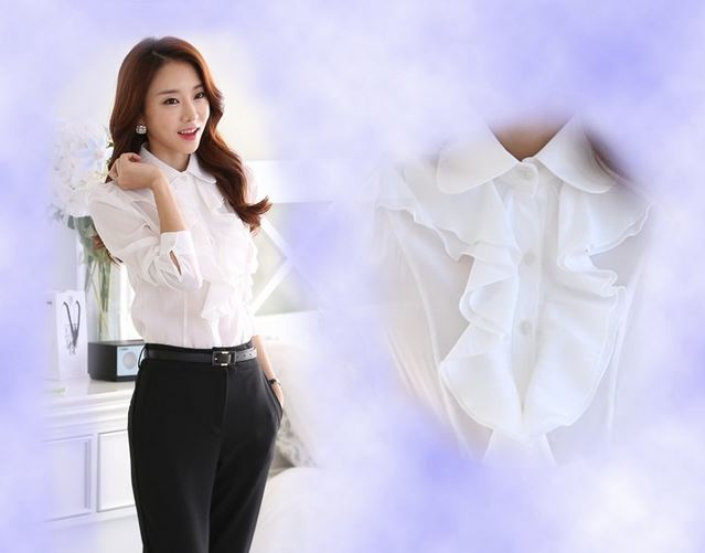 เสื้อแฟชั่น เสื้อผู้หญิง ใส่ทำงาน เสื้อเชิ้ต สีขาว ใส่ทำงาน ออฟฟิต แบบมีระบาย พู่ที่คอ เสื้อใส่ทำงาน สีขาว สวย ๆ แขนยาว มีดีไซน์ 218326_1