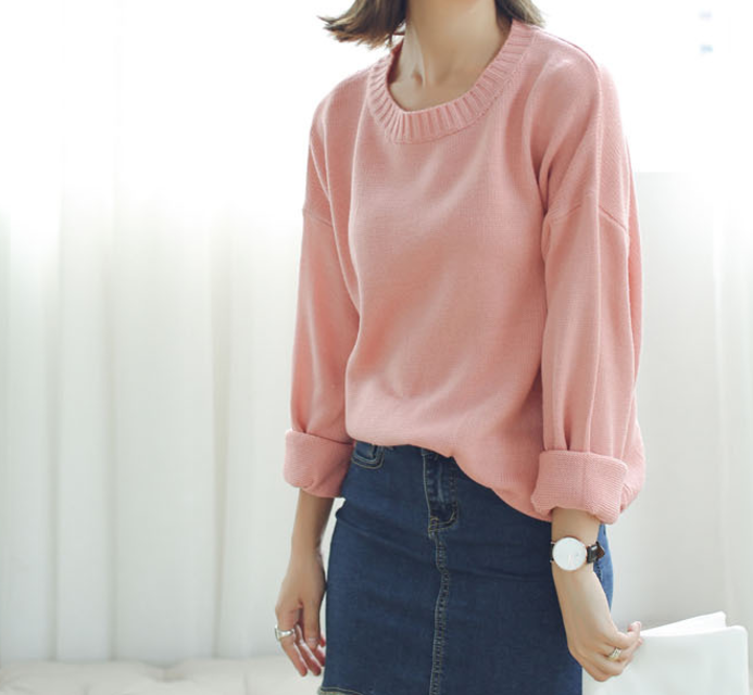 Sweater เสื้อสเวทเตอร์แขนยาว สีชมพู ทรงสวย จะใส่เดี่ยวไหรือใส่โค้ทคลุมก็เริ่ด