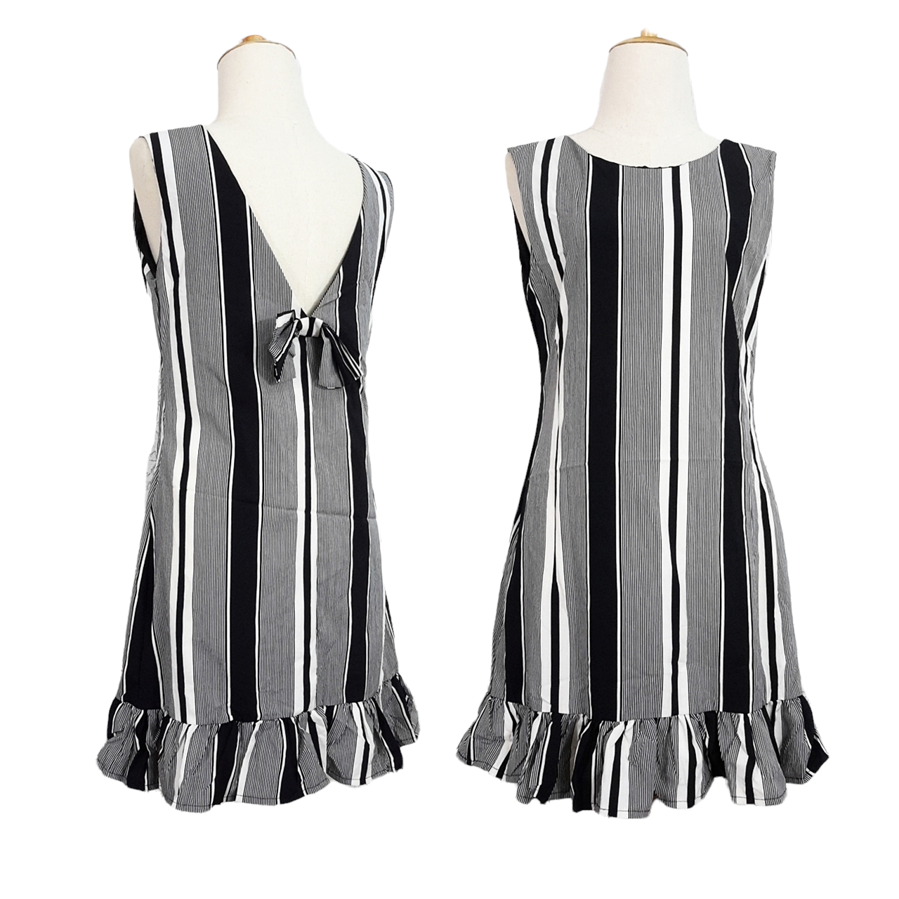 Dress3504 เดรสน่ารักชายระบาย แต่งโบว์ด้านหลัง ผ้าไหมอิตาลีลายริ้วเนื้อนิ่มใส่สบาย งานสวยใส่ง่ายน่ารักมาก มี 3 สี ดำ, แดง, เหลืองอ่อน