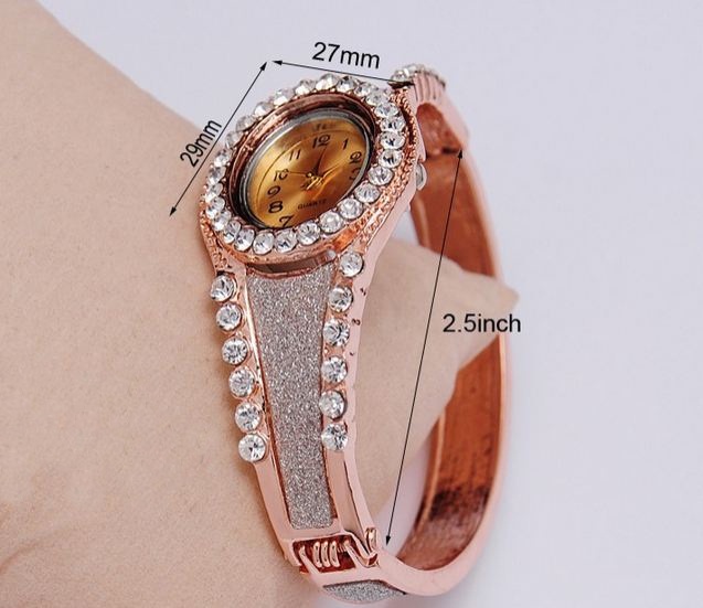 นาฬิกาข้อมือ นาฬิกาผู้หญิง แบบ กำไลข้อมือ ทอง 18 K สี Rose Gold ฝังเพชร CZ คริสตัลออสเตเรียน สุดหรู เรียงแถว รอบเรือน สีเงิน ใส่ออกงาน 789067
