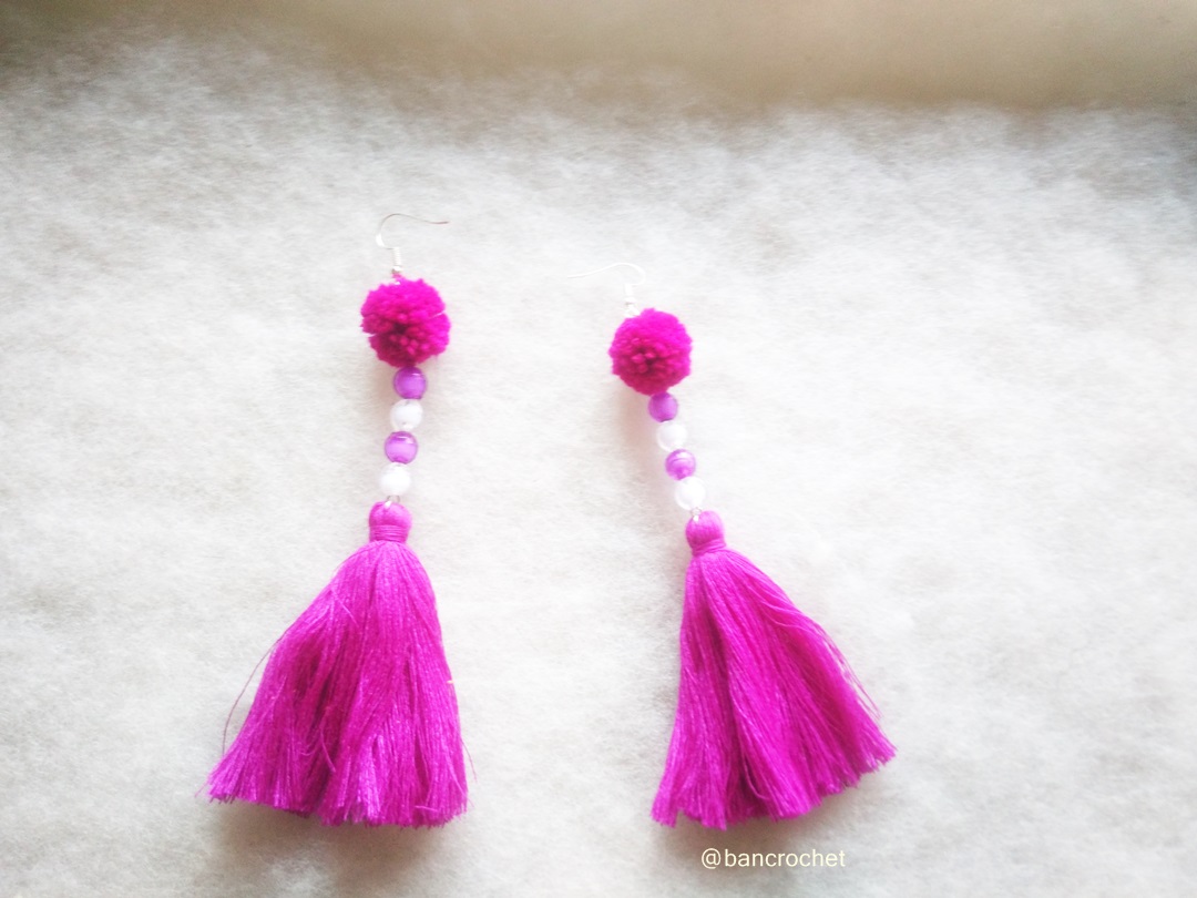 ต่างหูถักโครเชต์ crochet earrings สีบานเย็น 5.5 นิ้ว
