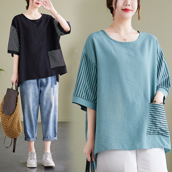 เสื้อทีเชิ้ตคนอ้วนผู้หญิงสไตล์คอตตอนลินินมีไซต์อก 47-48 นิ้ว