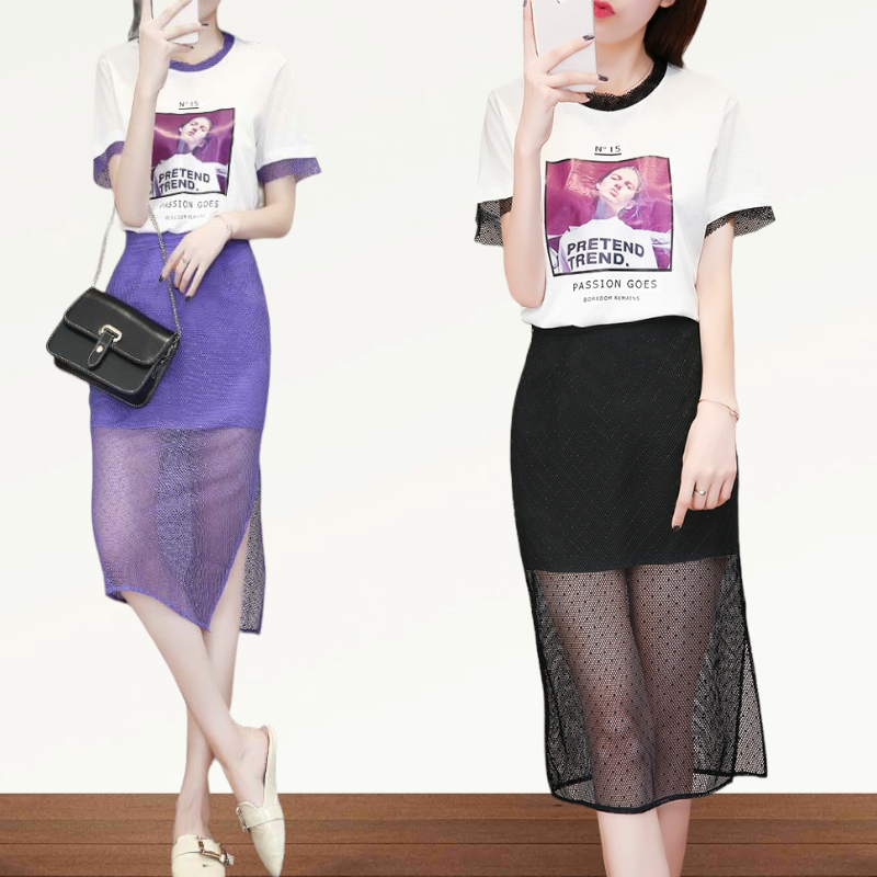 Set_bs1670 ชุดเซ็ท 2 ชิ้น(เสื้อ+กระโปรง) เสื้อยืดสีพื้นขาวสกรีนลายดิจิตอลสีสวยคมชัด+กระโปรงซิปข้างผ้าตาข่ายเนื้อดีหนาสวยมีซับในผ่าชายกระโปรงเล็กน้อยเพื่อความคล่องตัว งานสวยงานดีสวยชิคไม่ซ้ำใคร มี 2 สี ม่วง, ดำ