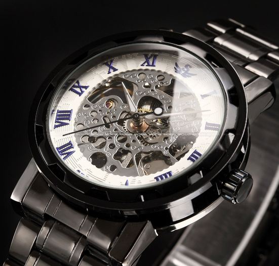 นาฬิกาข้อมือ โชว์กลไก Mechanical watch นาฬิกาเปลือย สาย Stainless Steel สีดำ ยอดนิยม หน้าปัดสีขาว เลขโรมัน สีน้ำเงิน สวยหรู มีระดับ 268605_8