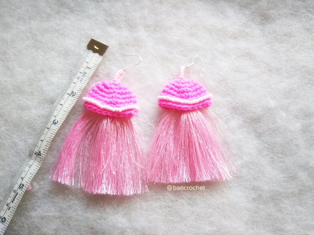 ต่างหูถักโครเชต์ crochet earrings สีชมพู 4 นิ้ว