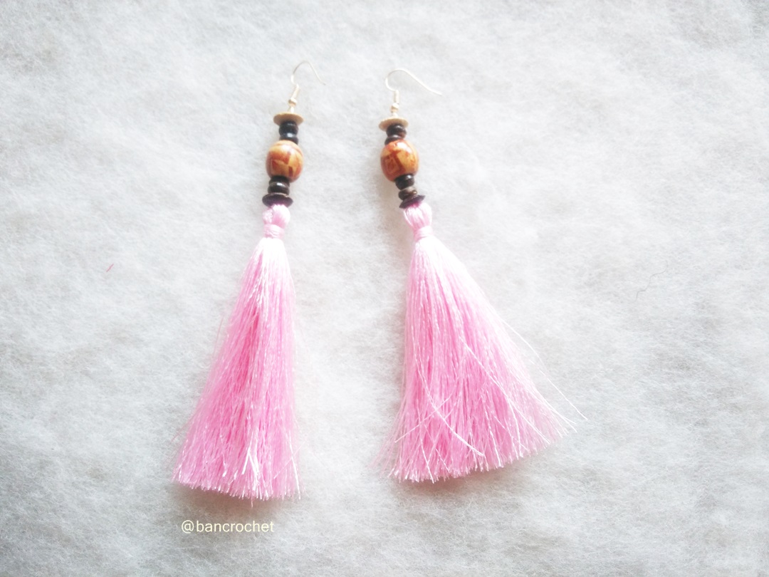 Bancrochet ต่างหูถักโครเชต์ crochet earrings สีชมพู 5 นิ้ว