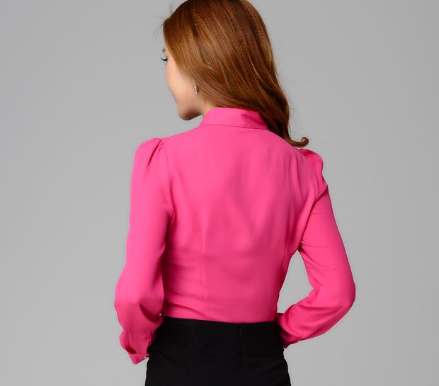 เสื้อเชิ้ตใส่ทำงาน เสื้อชีฟอง แขนยาว สีชมพู สีกุหลาบ มีระบาย เป็นพู่ ที่อก แบบสลิมฟิต เสื้อทำงานเข้ารูป มีดีไซน์ 787764_1