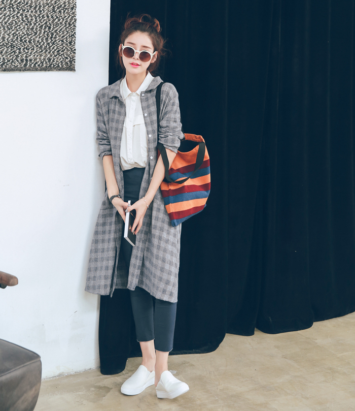 เสื้อคลุมตัวยาว ลายสก๊อตสีเทา แฟชั่นเกาหลี พร้อมส่ง