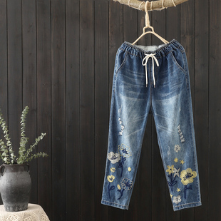 กางเกงยีนส์ปักลายด้าย สไตล์วินเทจ