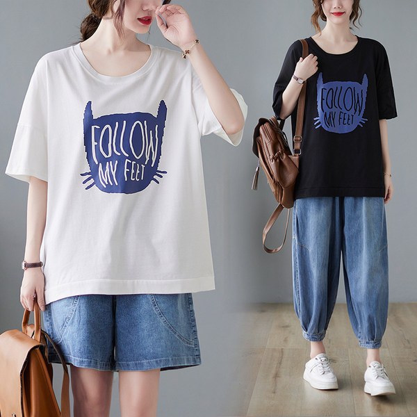 เสื้อยืดคนอ้วน สไตล์ญี่ปุ่น เสื้อยืดคนอ้วนผู้หญิง เสื้อทีเชิ้ตตัวใหญ่