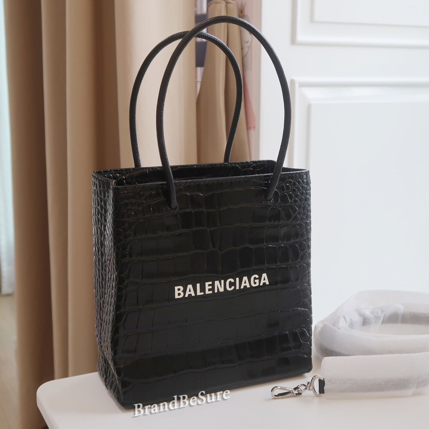 Balenciaga Black Croc Calfskin Shopping Tote XXS