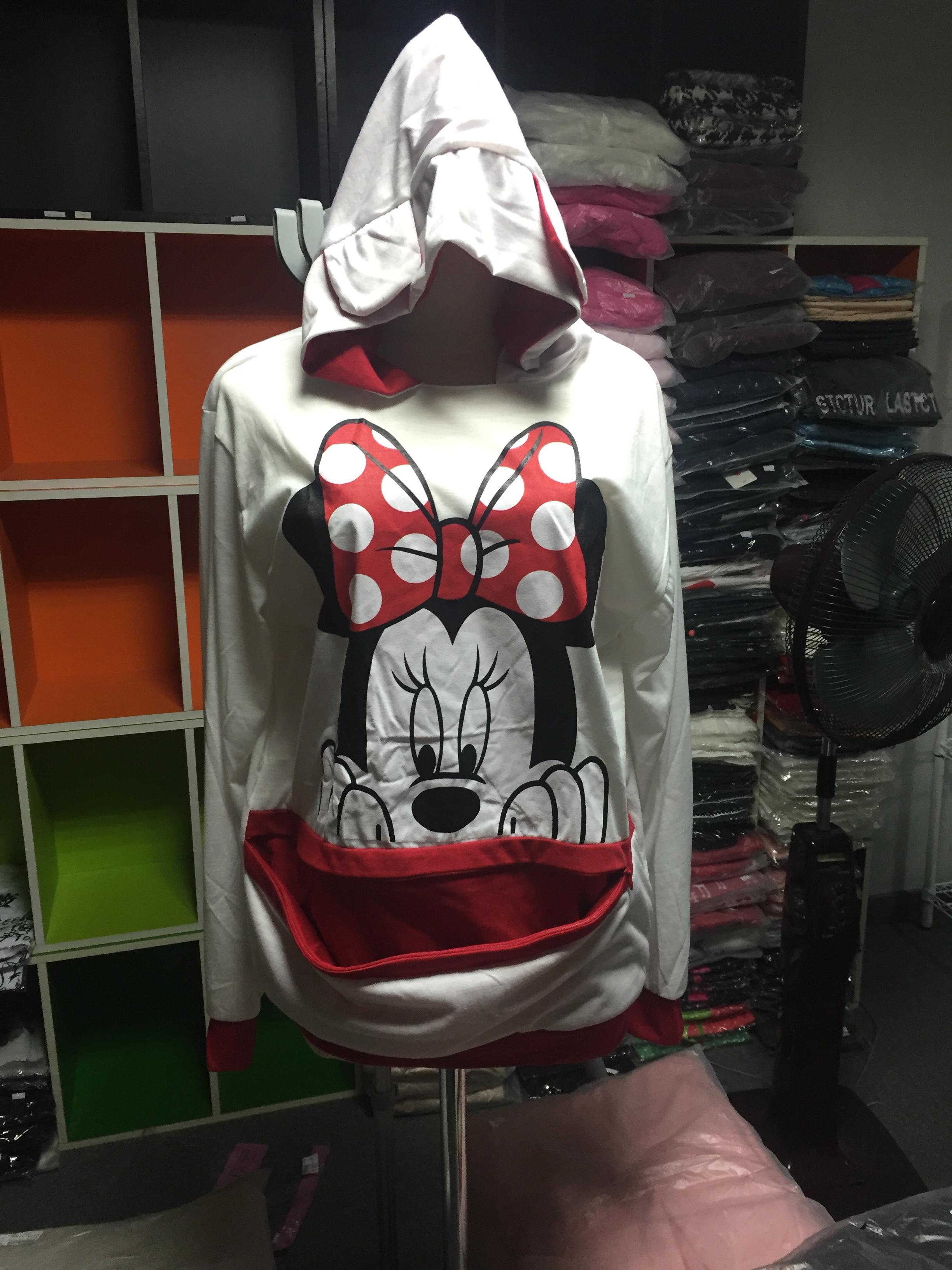 เสื้อแขนยาวฮู้ดดี้ มินนี่เมาส์ (สีขาวแดง) แฟชั่นเกาหลี ผ้า cotton เนื้อบาง น่ารัก ขาวแดง