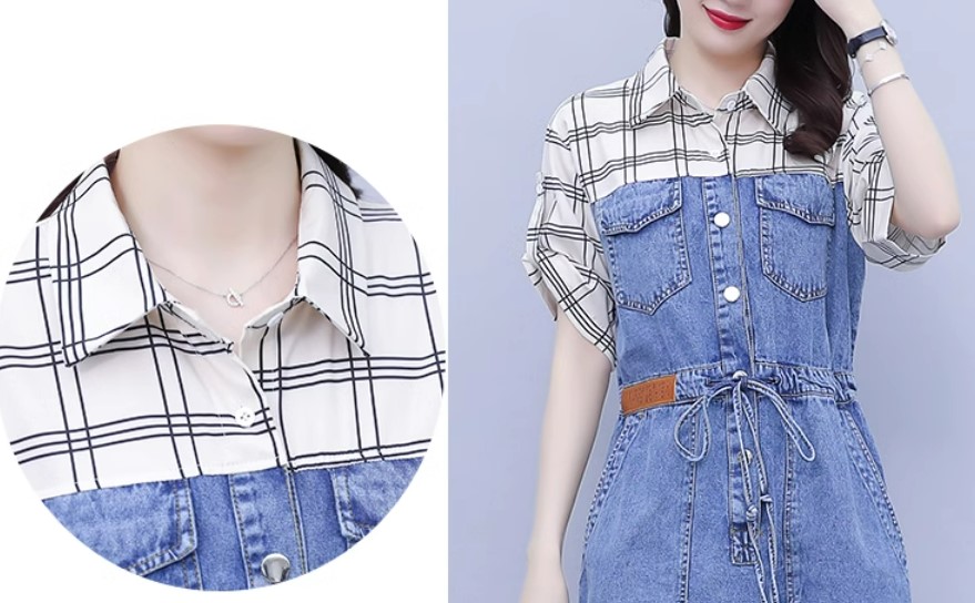 เดรสกระโปรงยีนส์ น่ารัก ๆ แบบวัยรุ่น เดรสยีนส์ เสื้อลายสก๊อต แบบสวย ๆ ใส่เที่ยว แบบชิค ๆ 901340