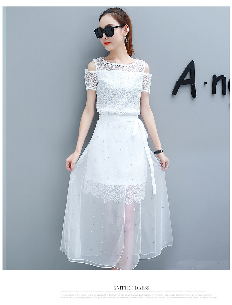 Dress4492 เดรสลูกไม้สีขาวเว้าไหล่+กระโปรงป้ายผ้ามุ้งผูกเอวแต่งหมุดเพิ่มความสวยงาม ผ้าลูกไม้ฉลุเนื้อดี ใส่ออกงานได้