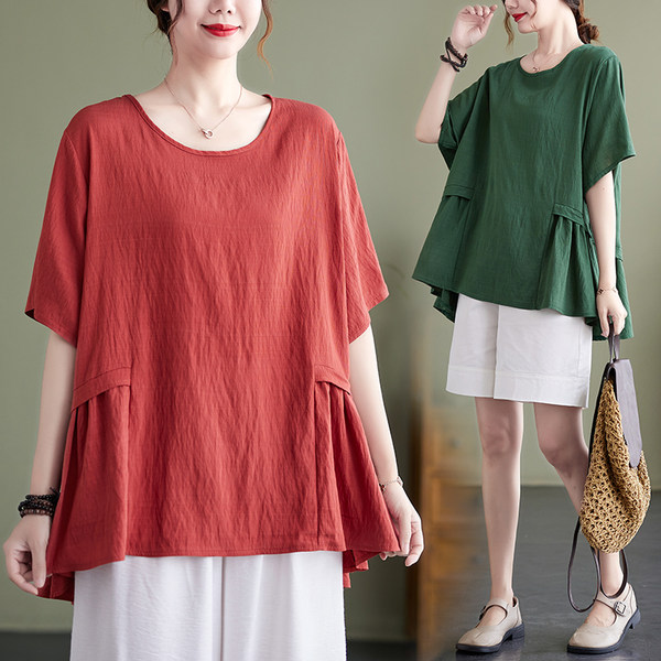 เสื้อทีเชิ้ตคนอ้วนผู้หญิงสไตล์คอตตอนลินินมีไซต์อก 47-48 นิ้ว