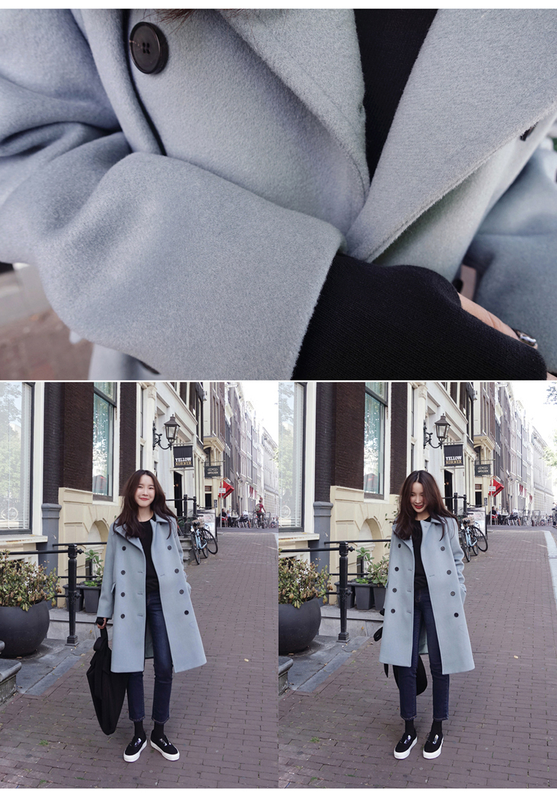 OverCoat เสื้อโค้ทกันหนาว สไตล์เกาหลี สีฟ้าอ่อน ตัวยาวแต่งกระดุมสองแถว บุซับในฟกันลม พร้อมส่ง สีฟ้าอ่อน L