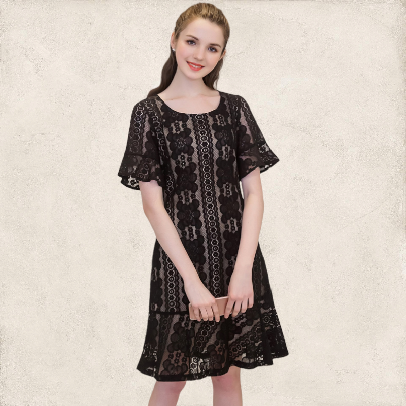 Dress4380 เดรสลูกไม้สีดำลายสวยซับในสีเนื้อ ชายระบาย ผ้าลูกไม้คอตตอนเกรดพรีเมียมเนื้อดี