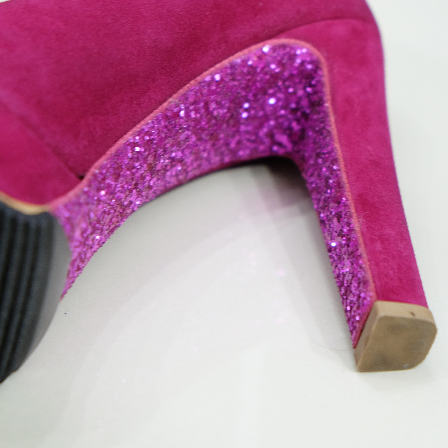 Miu Miu Fushia Pink Suede (Goat) Peep Toes Glitter Heel 5.5" Size 40