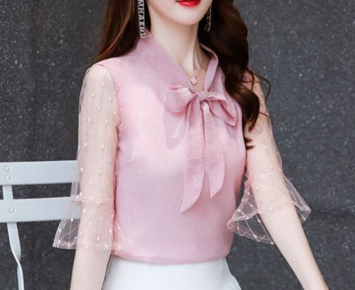 เสื้อเชิ้ตผู้หญิง เสื้อเชิ้ต ผ้าซีฟอง ใส่ทำงาน แบบน่ารัก สไตล์คุณหนู แต่งโบว์ ที่คอ แบบเก๋ ดีไซน์สวย 947109