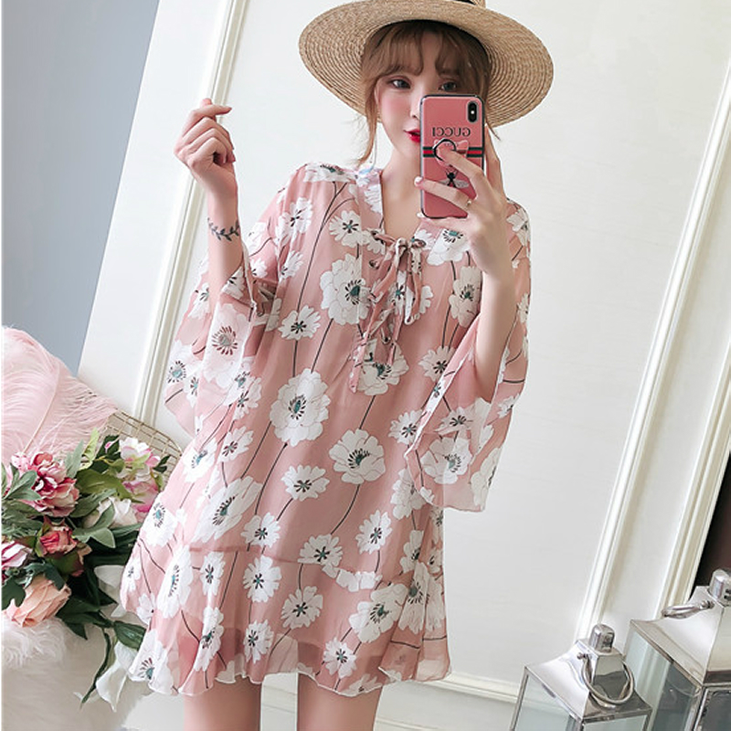 Dress4434 เดรสชีฟองลายดอกไม้สีชมพู อกผูกเชือกเก๋ๆ แขนระบาย ชายระบาย มีซับในอย่างดี งานสวยใส่ง่ายน่ารักมาก